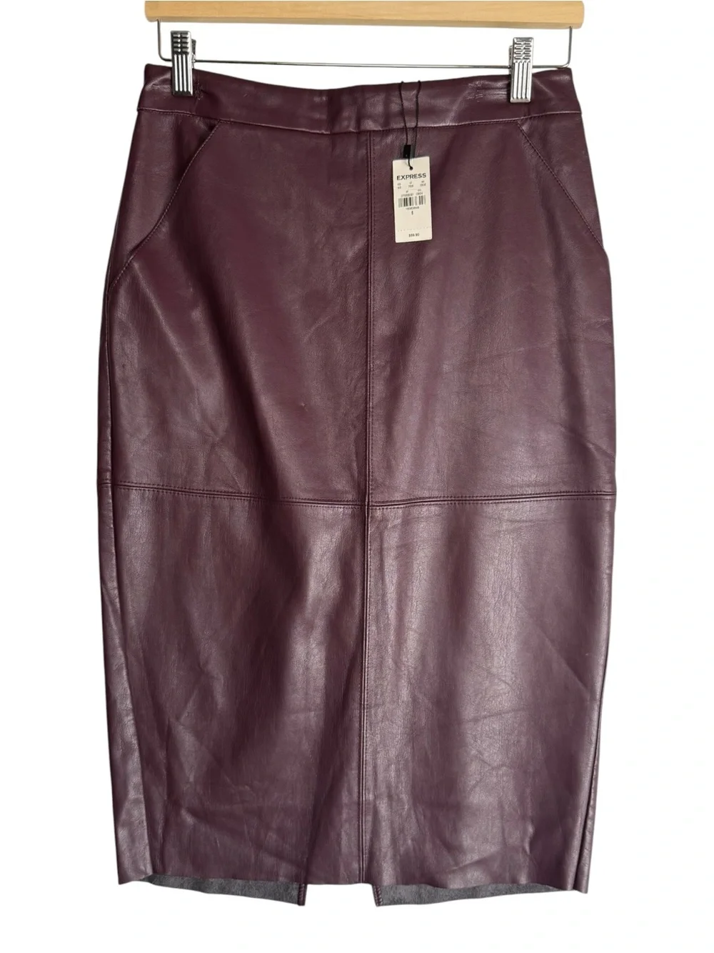 Express Womens Burgundy Faux Leather Pencil Skirt Midi High Waist Size 6 NWT